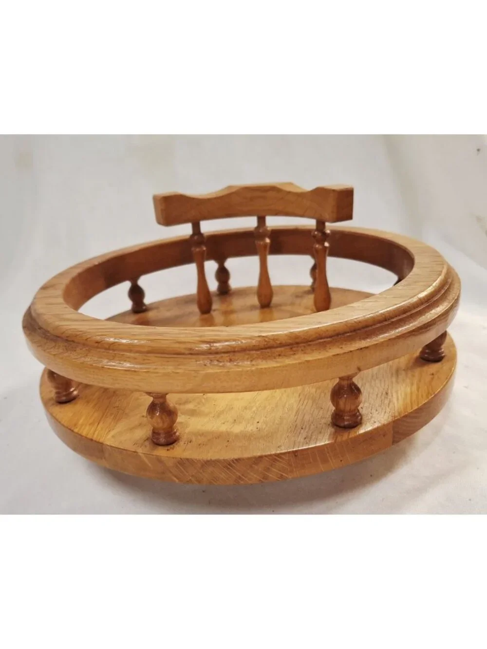 Vintage Solid Oak Lazy Susan With Handle & Decorative Spindles For Tabletop Serv